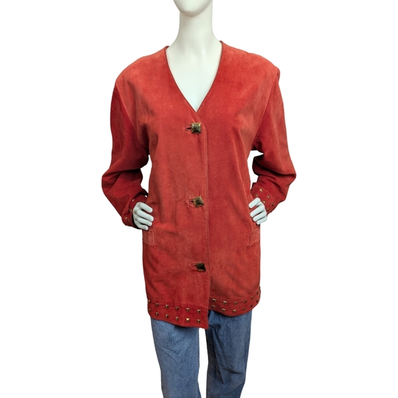 Vintage Danier Suede Leather Jacket | Gold Studded Trim | Oversized Fit - Picture 2 of 10